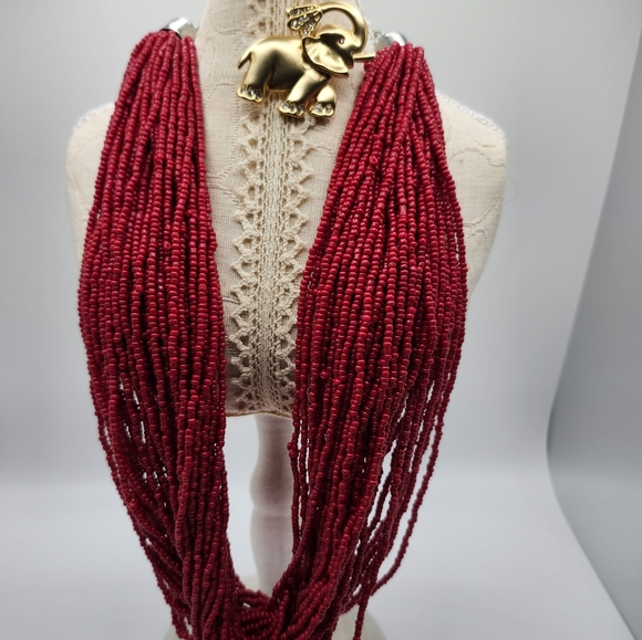 A Festive 22"/40 strands of red Mala beads necklace...FANTASTIC ELEPHANT Incl. - Picture 3 of 9